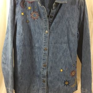 Womens  Embroidered Denim Shirt Jacket SZ S